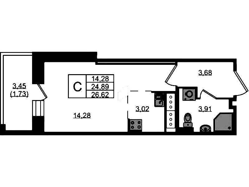 Квартира студия 26.62 м², 7/9 эт., ЖК «Курортный квартал»